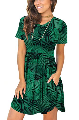 LONGYUAN Women Spring Short Sleeve Casual Dresses Loose Comfy Sundress with Pockets Leaf Green X-Small