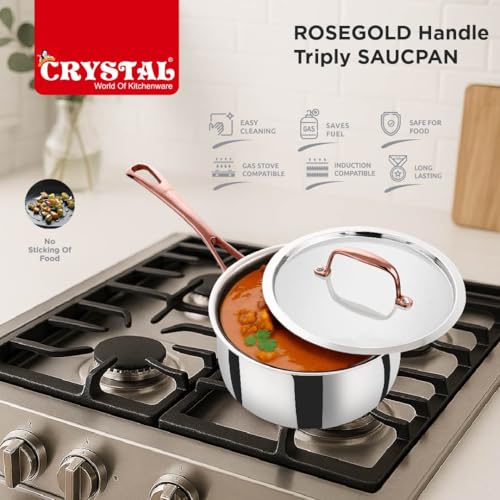 Image of Crystal TriPro -Triply Stainless Steel Saucepan with Lid - 18 cm (Induction Bottom), with Rose Gold Handle (CTP-SP-003A)
