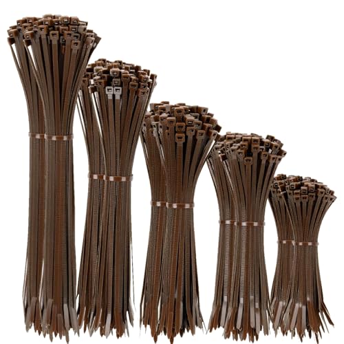 XINGO Brown Zip Ties Assorted Size 1500 Pack 4+6+8+10+12 Inch Self-Locking UV Resistant Nylon Cable Ties Perfect for Home Office Garden and Workshop