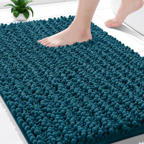 Yimobra Bathroom Rugs Non Slip Washable - Ultra Soft Absorbent Chenille Bath Mat, Quick Dry Shaggy Floor Carpet for Tub Shower, Rustic Turquoise Home Decor Accessories, 24x17 Inch