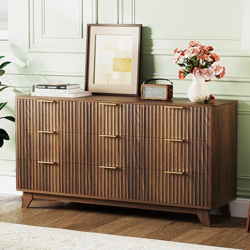 Image of VINGLI Fluted Walnut Dresser 9 Drawer, Dark Wood Dresser Brown with Rounded Edges, 57 inch Long Mid Century Modern Dressers for Bedroom, 57 inch W*15.75 inch D*29.92 inch H