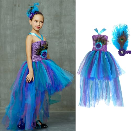 Kids Girls' Peacock Feather Dress Children's Model Catwalk Performance Tail Dress Festival Mesh Cosmetic Costume2