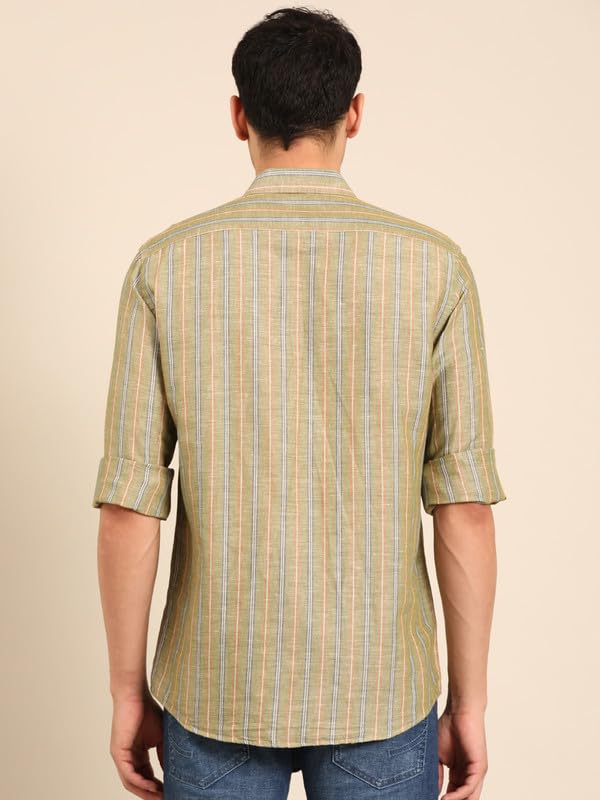 Image of Linen Club Men's Linen Rich Pink Striped Contemporary Fit Full Sleeve Casual Shirt