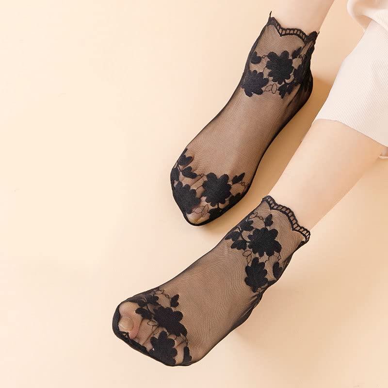 Acxico womens 4Pcs Leaves Lace Invisible Thin Boat Hollow Non-slip Shallow Socks, Black, moderate4
