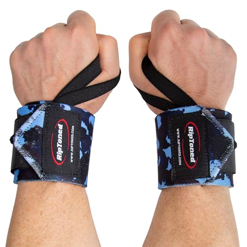 Rip Toned 18" Wrist Wraps for Weightlifting - Blue Camo Stiff, USPA