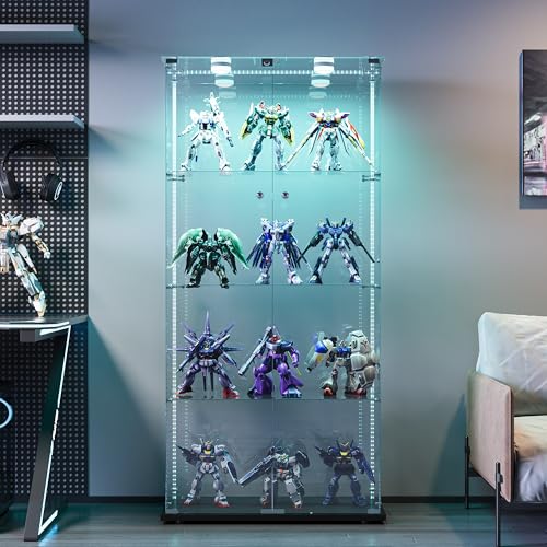 BSMGSGN Vitrina de Vidrio de 4 Capas con luz LED y 2 Puertas, Vitrina de curiosidades de Vidrio Templado con Cerradura, vitrinas de colección Independiente, estantería para Sala de Estar