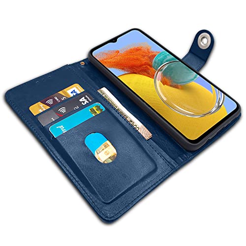 Image of Pikkme Samsung Galaxy M14 5G Flip Cover Leather Finish | Inside TPU with Card Pockets | Wallet Stand and Shock Proof | Complete Protection Button Flip Case (Blue)