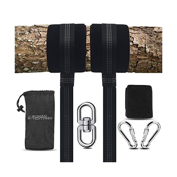 Roman Ventures Tree Swing Hanging Kit with Extra Long Adjustable Swing Straps and 2 Tree Protectors with 2 Locking Carabiners and Swivel for Swings, Hammocks & Tire Swings 5 feet Black Adjustable