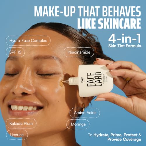 Image of FAE Beauty Face Card 4-in-1 Super Serum Skin Tint | Hydrates, Primes, Provides Coverage & Protects with SPF | Lightweight, Dewy Finish | 30 Shades for Indian Skin Tones | Shade - 32W - Warm
