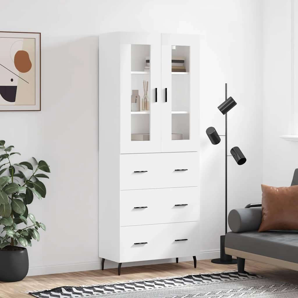 Bufet wysoki, biały, 69,5 x 34 x 180 cm, z drewna konstrukcyjnego z szafką do przechowywania i metalowymi nogami, stylowy biały mebel do przechowywania do wnętrz