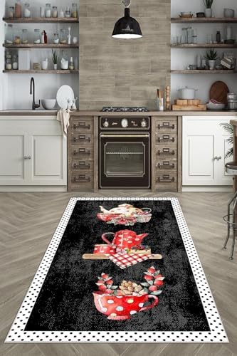 Resim Pelangi Siyah Zemin Çaydanlık Fincan Meyve Desenli Yıkanabilir Kaymaz Taban Leke Tutmaz Modern Mutfak Halısı, Siyah 180 x 250 