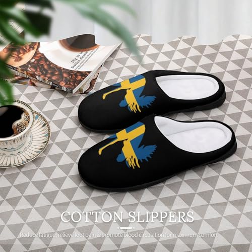 Moose in Swedish Flag Women's Cotton Slippers Indoor Outdoor Slip-on Warm House Shoes with Anti-Skid Rubber Sole4