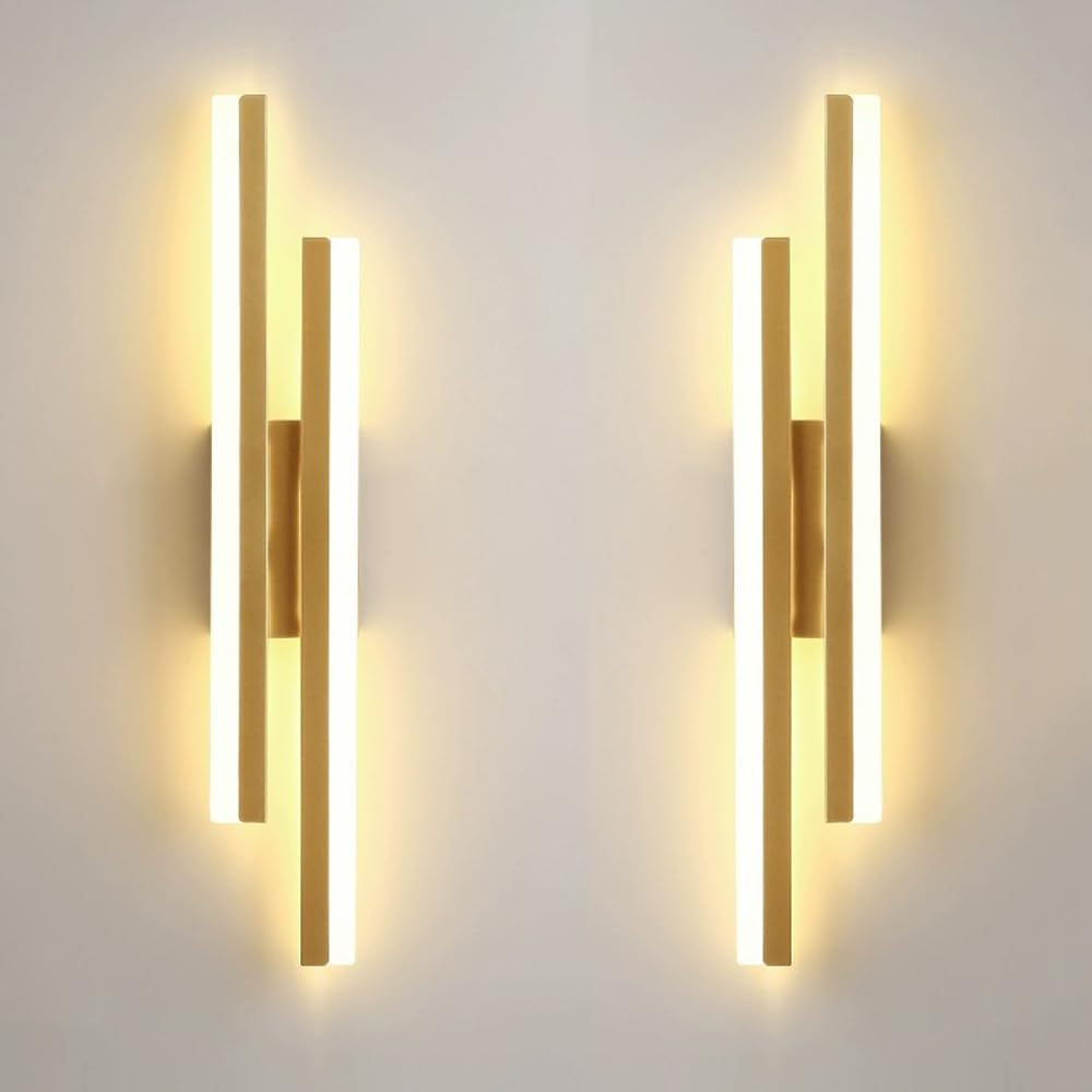 Skdndk Gold 2 Pack Led Wall Sconce Modern Linear Wall Lamp Long Strip Wall Light Fixture Acrylic Shade, 3000K/4000K/6000K Adjustable, 19.6" Indoor Aluminum Hardwired Wall Scocnes