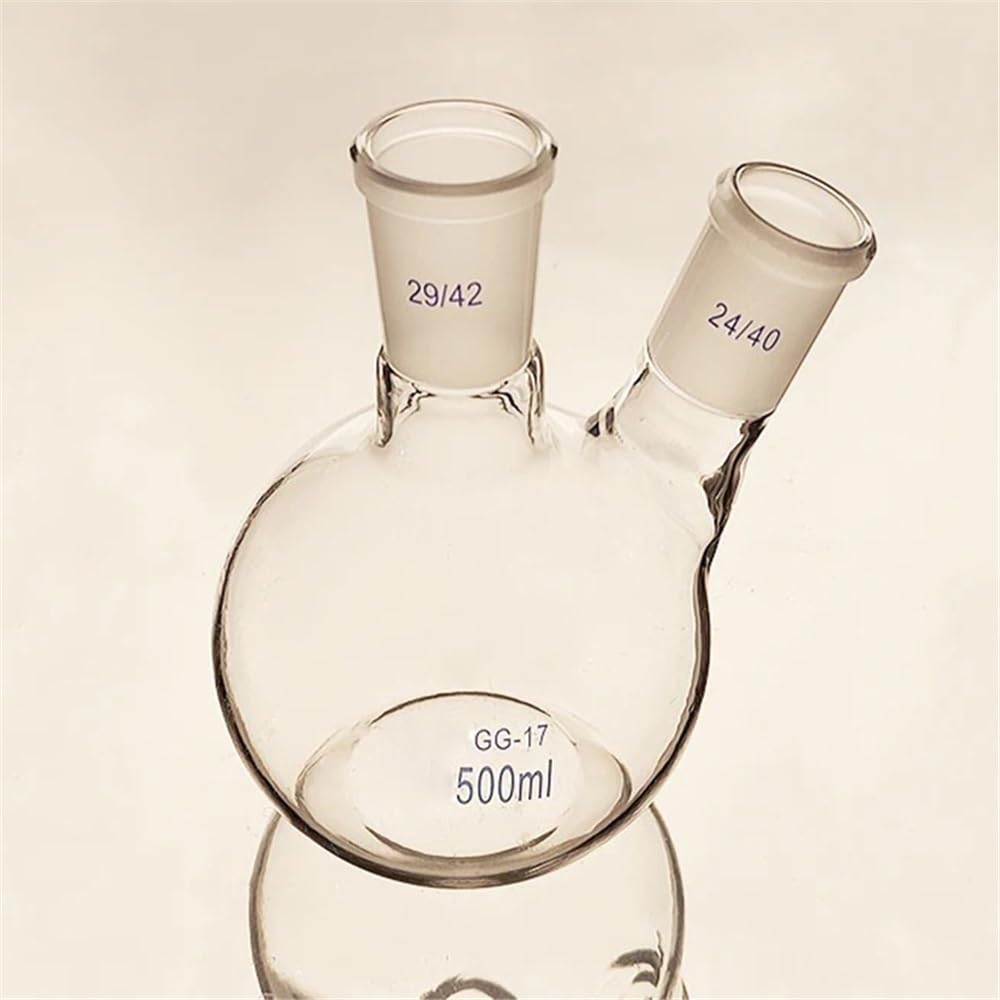 Cristalería de Laboratorio Matraz de dos bocas Forma Dos bocas Boca esmerilada estándar 500 ml-5000 ml-50000 ml 29/42 + 24/40 Matraz de fondo plano de dos bocas(500mL)