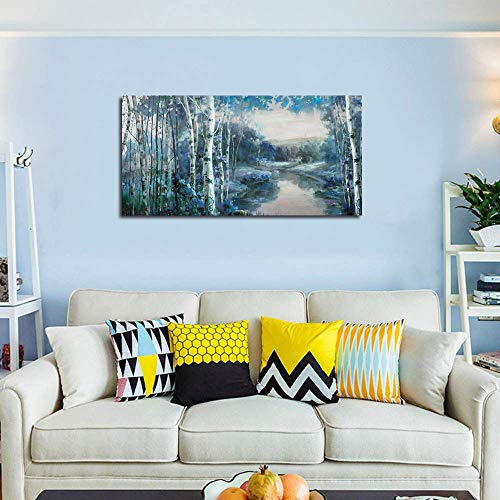 Arjun Birch Tree Wall Art Canvas Blue Landscape Painting Nature Forest Picture Teal Mountain River Artwork, Large Size Artwork Textured Framed For Living Room Bedroom Home Office Wall Décor, 48"X24" #TOP3