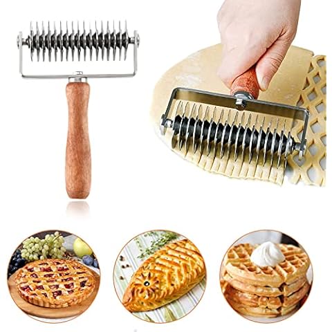 Stainless Steel Dough Lattice Top Cookie Pie Pizza Bread Pastry Crust Roller Cutter Holder Wooden Handle, Lattice Dough Cutter for Fishnet Crust Cover