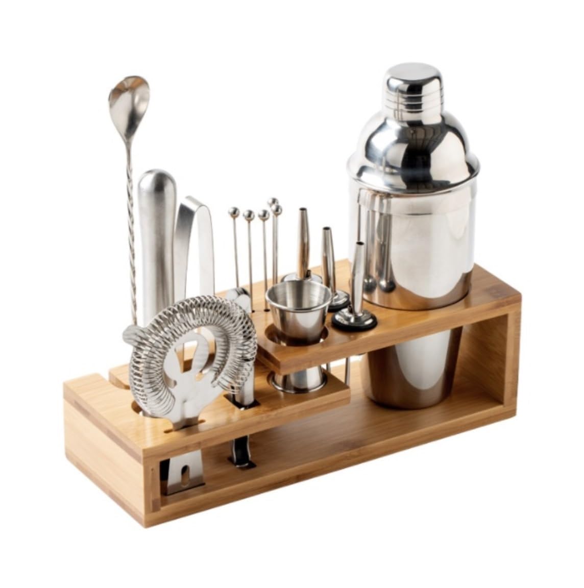 Ensemble de Cocktail Shaker à Cocktail Shaker Kit Ensemble De 16 Shakers À Cocktail en Acier Inoxydable avec Support en Bambou Élégant Shaker Cocktail Kit Shaker Cocktail Set(750ml)