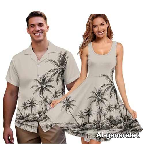Image of Hawaii Matching Couple Outfits Husband and Wife Clothing Fashionable Mens Casual Shirts Hawaii Dress with Soft Fabric