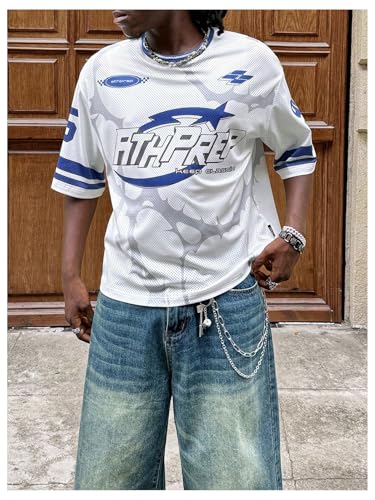 MakeMeChic Men's Jersey Shirt Short Sleeve Striped Graphic Print Crew Neck Y2k Streetwear Tee Top4