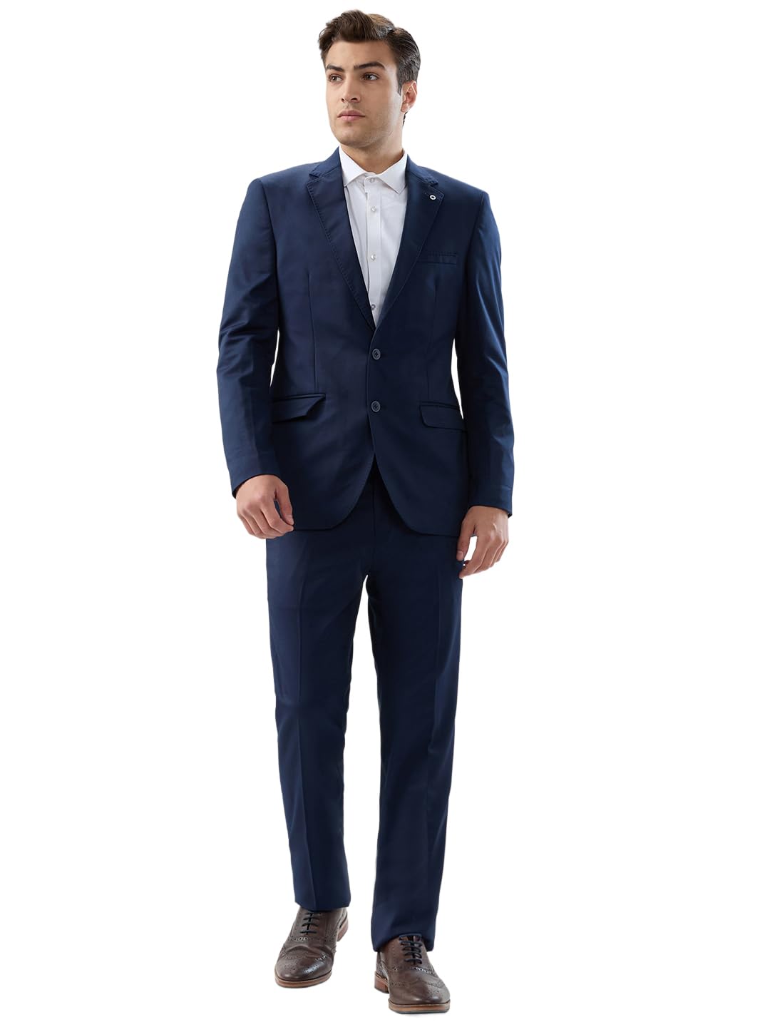 Men Contemporary Fit Solid Pattern Poly Viscose Blend Notch Lapel Flat Front Formal Suit Dark Blue