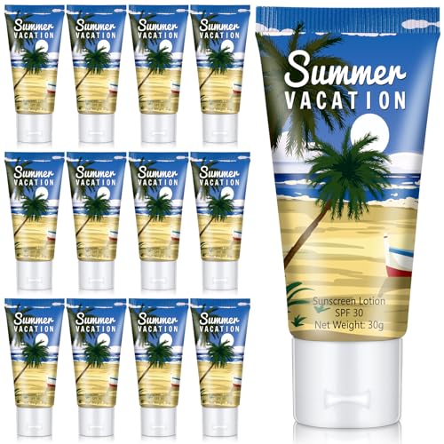 Image of 12 Pcs Mini Sunscreen Bulk for Summer Travel Size Spf 30 Water Resistant Sunscreen Lotion Bulk for Thank You Gifts Hawaiian Wedding Bridal Party Favors for Pool Wedding(Summer Vacation)