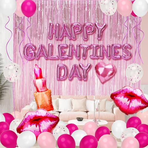 PUPPY GO Galentines Day Decorations, 80PCS Balloons, Pink Foil Backdrop, Happy Galentines Day Balloons for Girls Ladies Bachelorette Party Decor