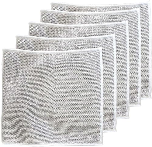 5 trapos de alambre gris antiarañazos para lavar platos, estropajo doble de acero inoxidable, paño de cocina de alambre de acero, paños de cocina de microfibra, trapos reutilizables para lavar platos
