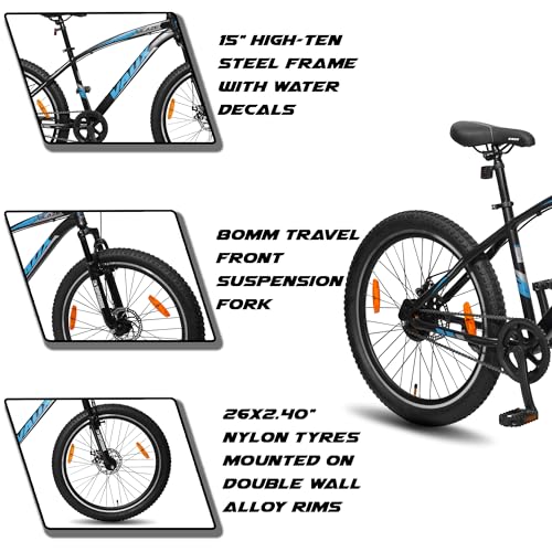 Image of Vaux Blaze 26 inch Cycle for Boys with Dual Disc Brakes, Single Speed MTB Bicycle for Men & Women with Age 12+ Years, with Front Suspension, Steel Frame, Alloy Rims & 26x2.40 Fat Tyres (Black)