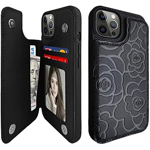 FLYEE Durable Flip Case Compatible with iPhone 13 Pro Solid Color Card Holder Case with Wallet for Design Unisex-Pure Black Cover