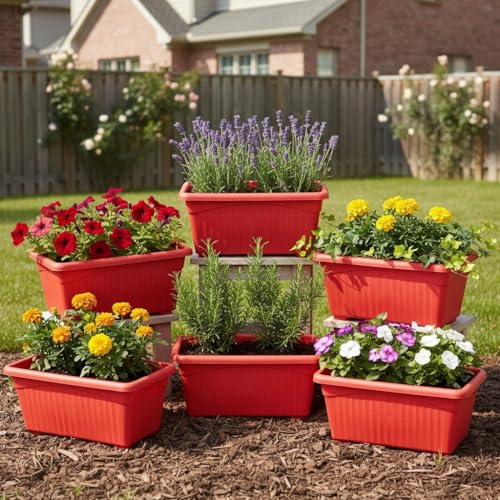 Image of Plastic Window Planters | Garden Planting Pots | Flower Plant Pots for Home Garden & Balcony | Flower Planters for Balcony and Terrace Gardens | Pack of 5 (Red)