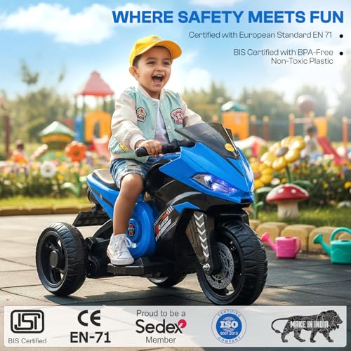 Image of Toyzone Ranger Electric Bike (Blue) | 6V Rechargeable Bike for Kids with 4.5Ah Battery | LED Lights, Music, MP3 /USB /BT | Smooth Acceleration | 6M Battery Warranty | Age 2-8 Years, Up to 35kg
