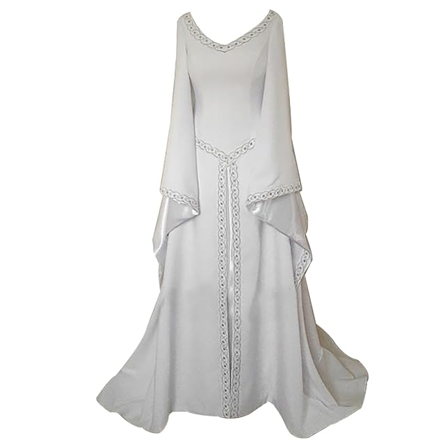 Disfraz Medieval para Mujer Vestido Manga Larga Bordado Renacentista Cosplay Blanco 3XL