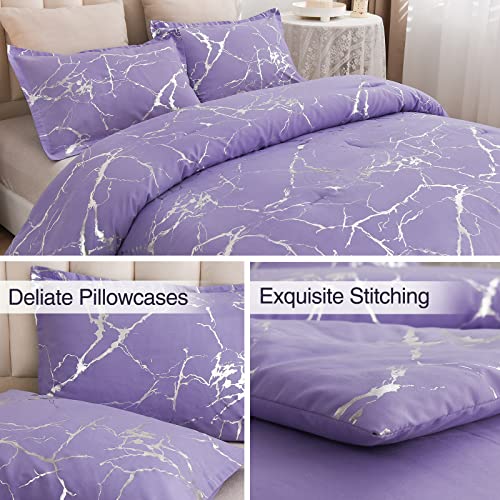 A Nice Night Silver Metallic Marble Comforter Set Full/Queen Size Foil Print Glitter Bedding Set, Purple/Silvery #TOP4