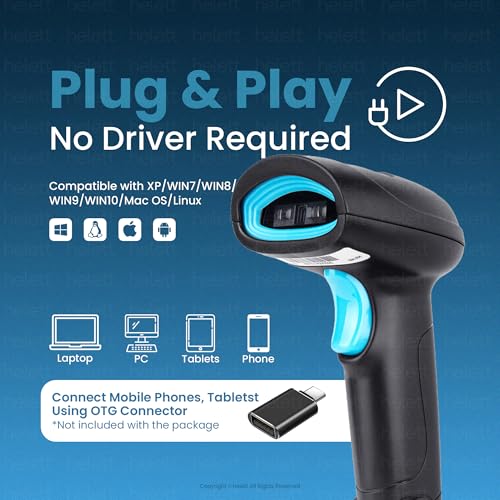 Image of Helett HT410 Lite Barcode Scanner Wired USB Handheld 1D Laser Scanner | Plug & Play | Fast Scanning | Retail POS, Warehouse, Billing | Windows Mac Linux | 1 Year Warranty (Black)