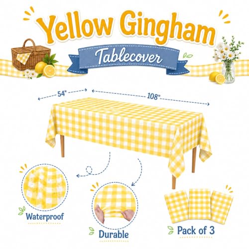 Image of Blue Orchards Yellow Gingham Table Cover (Pack of 3 with 20 Glue dots) - 54 inchx108 inch XL - Yellow and White Checkered Picnic Tablecloth, Baby Shower Decoration, Camping, Outdoor Birthday Party Supplies