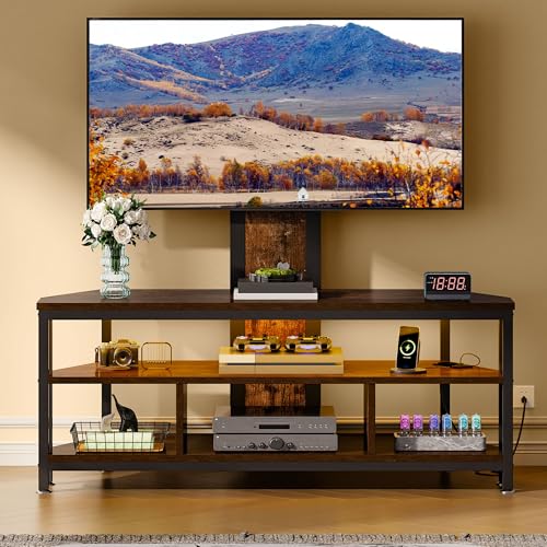 DWVO TV Stand with Mount, Corner TV Stands for Living Room w/Power Outlet, LED Entertainment Center for 70/65/60 inch TV, Height Adjustable TV Console Cabinet, Rustic Brown