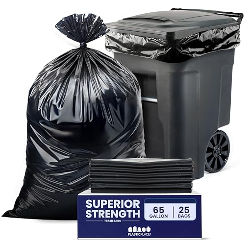 Plasticplace 65 Gallon Trash Bags │ 2.7 Mil │ Black Heavy Duty Garbage Can Liners │ 50” x 48” (25 Count) (W65LDB225A) by Plasticplace - Used condition - US$24.25