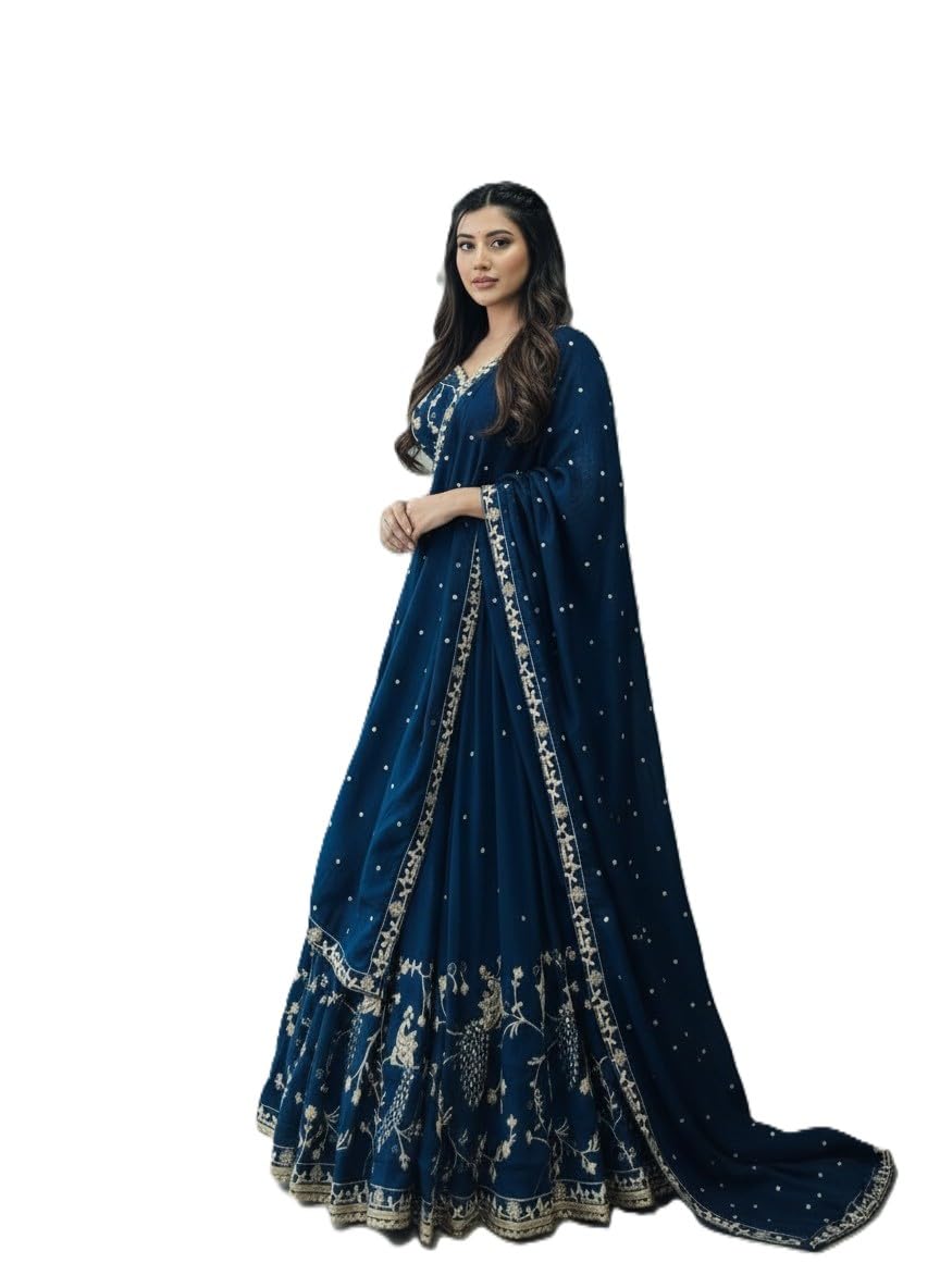 Embroidered Semi Stitched Lehenga Choli with Dupatta for Women | Heavy Threadwork & Mirror Detailing | for Weddings and Festive Celebrations | (Free size)-image-42