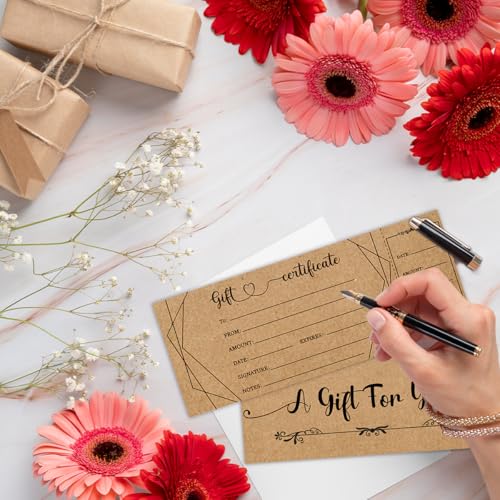 50 conjuntos de vales de presente para empresas, vales-presente Kraft em branco com envelopes, vales