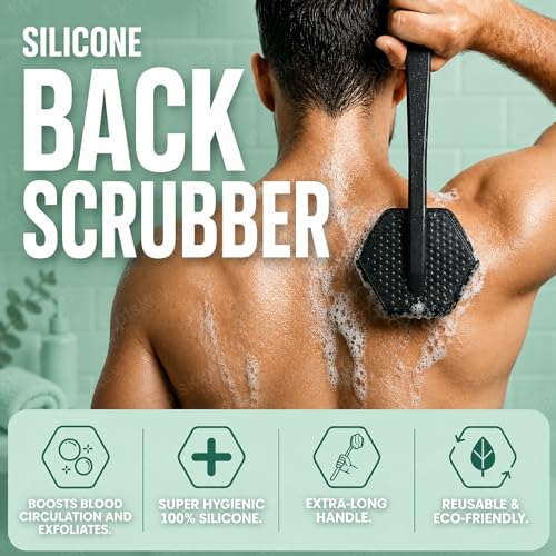Image of Episkey Back Scrubber - Exfoliates & Deep Cleans - Silicone Shower & Bath Brightening Body Brush with Long Handle and Bespoke Bristles - Bathroom & Hygiene Accessory - Charcoal