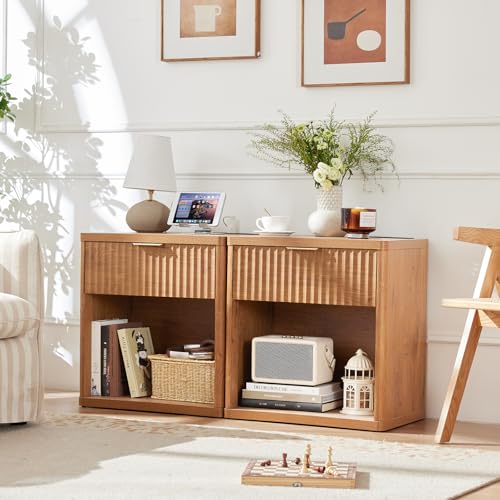 LEYAOYAO Fluted Farmhouse Nightstand Set of 2 with Charging Station, 23" Wide 1 Drawers Night Stand,Brown Dresser for Bedroom,Bed Side Table Chest of Drawers,Wood End Table for Living Room