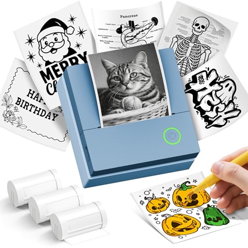 Sticker Printer, PM290C Portable Mini Printer, Inkless Bluetooth Sticker Maker with 3 Rolls Paper, Impresora PortΓ‘til for Notes, Journal, DIY, Gift, Print Pod for School/Office/Home, Blue