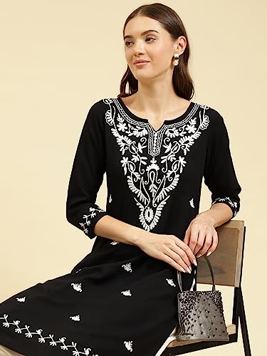 Image of QAZMI Women's Cotton Straight Embroidered Kurti (Aari Work)