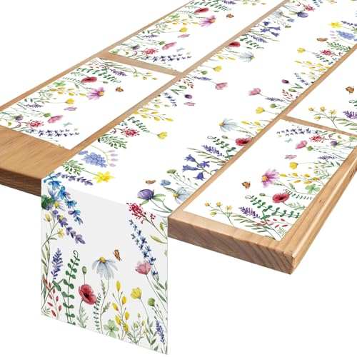 DPKOW 5-teiliges Tischset Tischläufer Frühlingsdeko Innen, Platzsets Tischläufer Blumen Ostern, Stoff Waschbar Gänseblümchen Lavendel Veilchen Tischdeko Frühling Osterdeko Tisch