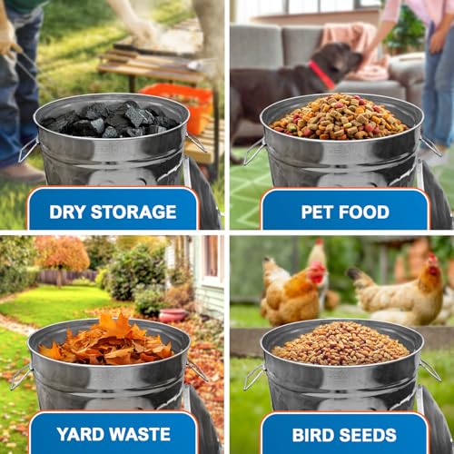 Image of Plexon 13 Gallon Outdoor Metal Trash Can with Lid Vintage Trash Can Steel Retro Garbage Can for Patio Farmhouse Rustic Bird Seed Storage Pet Food Ash Bucket, Galvanized Steel 6 Pack