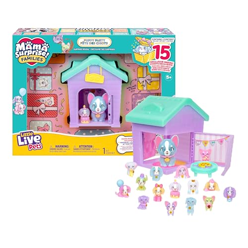 Little Live Pets Famílias surpresa de mamã pack festa de cães. Colecione 15 cães em miniatura. Conjunto de jogo com a casa da mãe. Mais de 80 para colecionar. A partir de 5 anos.