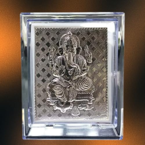 Image of UAX 999 Pure Silver Ganpati Idol Frame, Pooja Frame, Tabletop Car Dashboard Photo Frame | Bappa Ganesh Frame | Acrylic Silver Acrylic Hindu Idol f