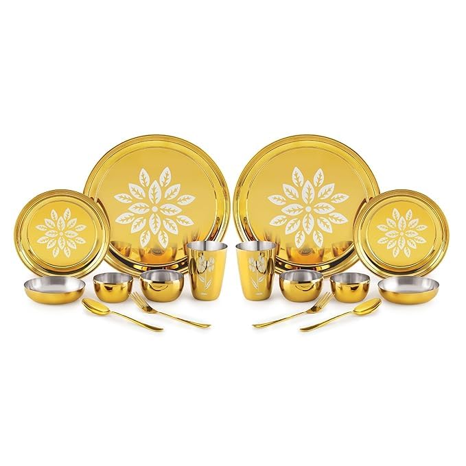 Image of iRiN By Dr.WaterR Parivar Stainless Steel Designer Dinner Set Gold PVD Bhai Dooj Gift for Brother Sister for Home Restaurant Gifting Wedding Best Diwali Festival Gift Ideas(Pack of 16pcs- for 2Person)