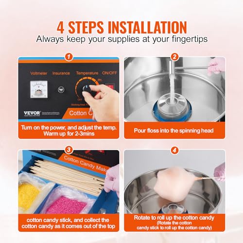 VEVOR Electric Cotton Candy Machine with Cart, 1000W Commercial Candy Floss Maker with Stainless Steel Bowl, Sugar Scoop and Drawer, Perfect for Home, Kids Birthday, Family Party, Blue by VEVOR - Image 5