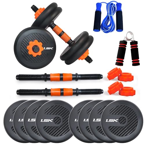 Image of WATSON Premium Rubber Dumbbell Set For Men, Women Fitness, Dumbbell Set With 12Kg (1.5Kgx8) Rubber Weight Plates, Hard PVC 14 inch Dumbbell Rods, Skipping Rope, Hand Grip